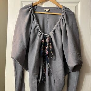 Blue/Gray Knit Top with Floral Tie